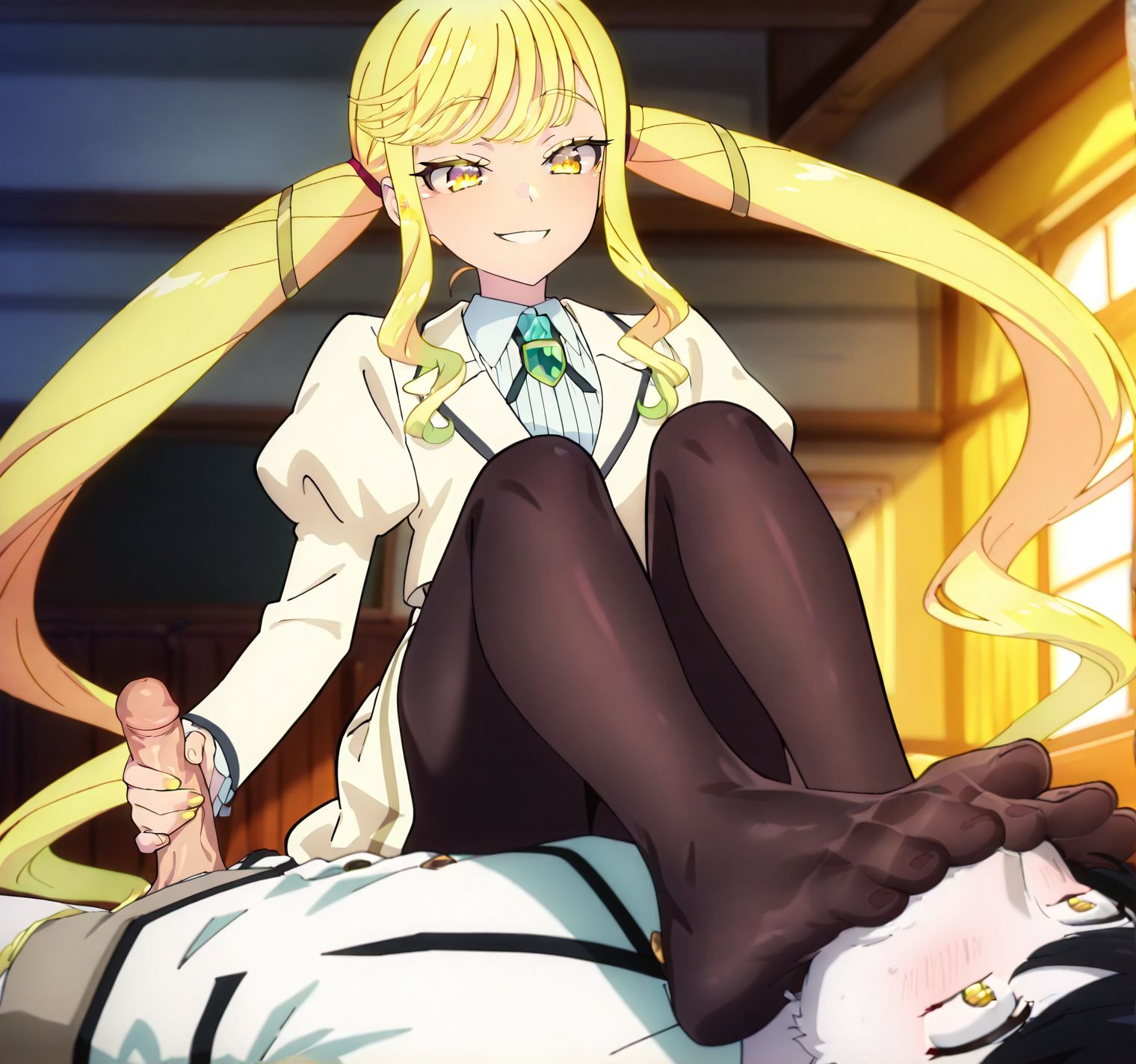 masterpiece, best quality, newest, absurdres, highres, detailed eyes, beautiful, detailed background, perfect eyes, anime coloring, anime screencap,
<lora:add-detail-xl:0.5>
<lora:Footonfacehandjob-IL.V1.0:1>,
Footonface+handjob-IL.V1.0, foot on another's face, handjob, foot on face, 
<lora:Rock_Is_a_Ladys_Modesty:0.9> rock_ladyV1.
1girl,long hair, yellow eyes, 
blonde hair,twintails, white school uniform, 
smile,skirt,long sleeves,
pantyhose,brooch,r_ririsa,