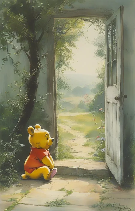 masterpiece,best quality,<lora:tbh131-sdxl:0.8>,Winnie the Pooh,painting,style of E. H. Shepard,