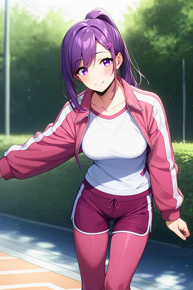 score_9, score_8_up, score_7_up, score_6_up, score_5_up, score_4_up, rating_questionable, , source_anime, digital illustration, pixiv, fanbox, uncensored, , BREAK, official art,
1girl, solo, female, sung jinah, purple eyes, purple hair, ponytail, sidelocks, medium breasts,
outfit_2, pink track jacket partially unzipped, white shirt, long sleeves, gym shorts, leggings, legwear under shorts, sneakers, hairclip,, light smile, outdoors, blush, cowboy shot, looking at viewer, <lora:Sung_Jinah-10:0.9>