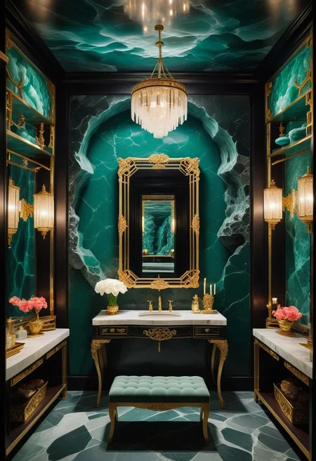 a cabaret singer's smoky dressing room within a crystal cavern; the cavern wall is a granite blend of obsidian, quartz, and jade. (The room is illuminated by a pair frosted-jade or soapstone sconces, inset into the wall on either side of a vanity mirror). Several beautiful and varied ao dai dresses hang from a clothing rack next to an ornate armoire. the neo-noir ambience combines a sense of intrigue with opulence. UNDER THE OCEAN