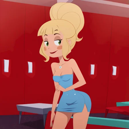 <lora:MissTinker_pony_v1:.8>  MissTinker, 1girl, blush stickers, blonde hair, green eyes, single hair bun,  breasts, sidelocks, bangs, cowboy shot,  <lora:0878 Laser nightclub skirt_v1_pony:1> ruanyi0878,blue dress,short skirt, skirt,