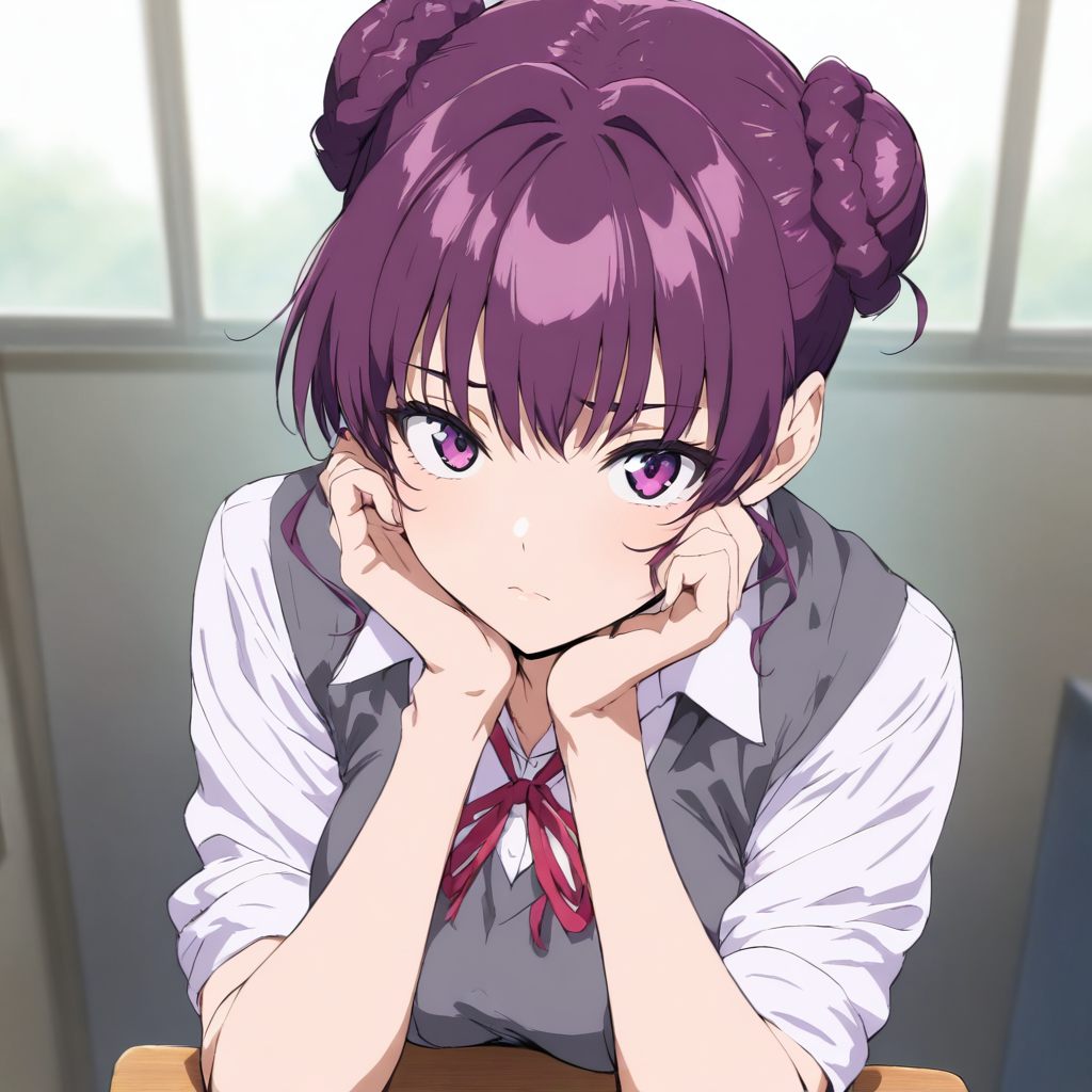solo,looking at viewer,masterpiece,high score,great score,absurdres,<lora:Seito1_kisaku ag4o v1:1> seito1, purple hair, hair bun, purple eyes,school uniform,