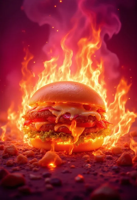 A massive burrito, completely engulfed in flames, inferno, blazing, concept art, masterpiece, perfect lighting, purple and pink flames, 8k, absurdres, massive fire - rendered in the highest quality