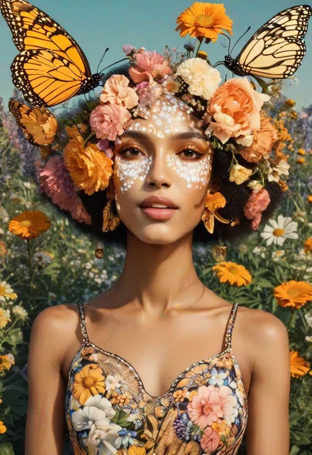 A beautiful woman face with flowers and butterflies, smiling, golden hour. The Harlem Renaissance style. Masterpiece, HD, 3D