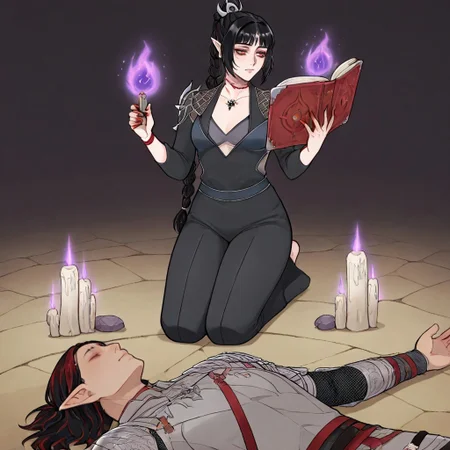 masterpiece, best quality, newest, absurdres, highres, anime, anime style, MHWW-V1.0, my hot witch wife (meme), 1girl, shadowheart \(baldur's gate\), long braid, elf, pointy ears, black hair, braid, side bangs,
magic book, book, kneeling, BREAK 1boy, faceless male