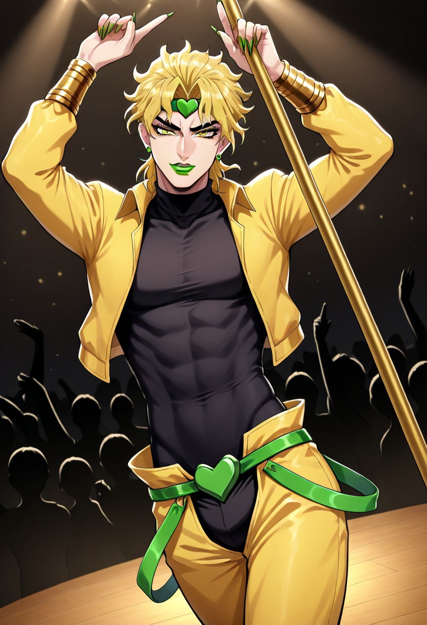 masterpiece, best quality, newest, absurdres, highres, anime, anime style, SA-V1.0IL, silhouette, crowd, audience, shadow, background charcters, 
1boy, dio brando \(jojo no kimyou na bouken\), blonde, green lipstick, long fingernails, green lips, jewelry, yellow eyes, yellow jacket, black shirt,
pole, polde dancing, dance,