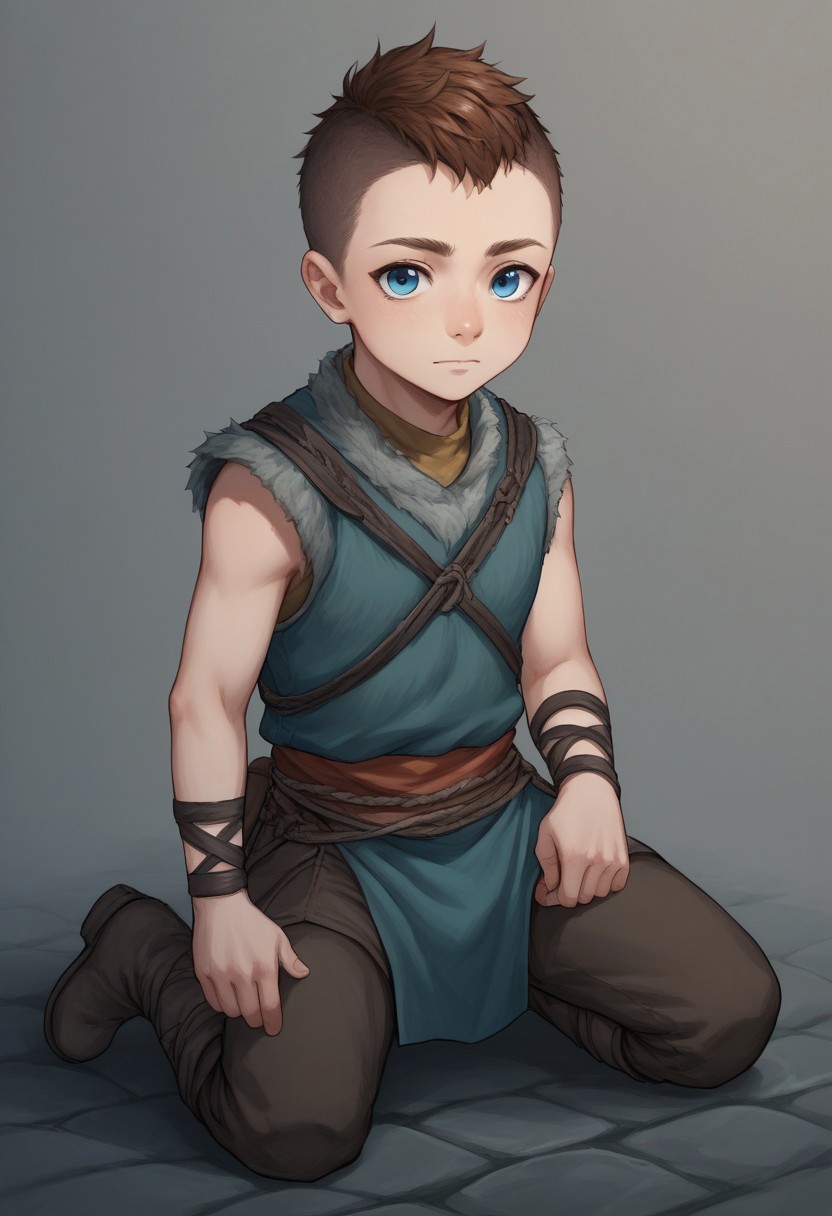 score_9, score_8_up, score_7_up, source_anime, highly detailed, 1boy, solo, cute boy, Atreus, Blue Eyes, auburn Hair, Undercut, Grey Fur Tunic, Brown Boots, loincloth, sleeveless
