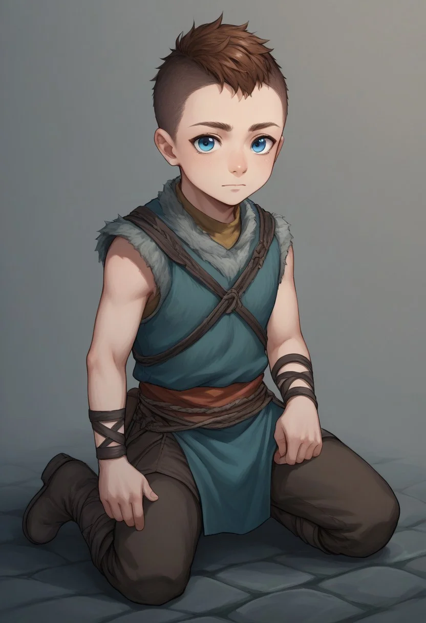 score_9, score_8_up, score_7_up, source_anime, highly detailed, 1boy, solo, cute boy, Atreus, Blue Eyes, auburn Hair, Undercut, Grey Fur Tunic, Brown Boots, loincloth, sleeveless