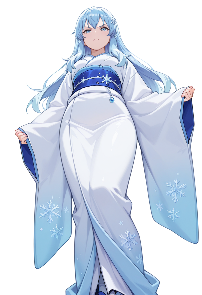 Smooth Quality,masterpiece,very intricate, high quality details, ultra realistic, high detailed skin,detailed enviorement,absurdres,
kamina pose,
 <lora:Yusa_CNR:0.8> yusa_cnr,1girl, blue hair, long hair, bangs, blue eyes,snowflake hair ornament,gradient hair, yusa_cnr_def, japanese clothes, white kimono, yukata, obi, sash, sleeves past wrists, tabi,, scowl,, simple background, white background, from below,solo,, robe,  ,hoodie, ,suspender skirt,  ,