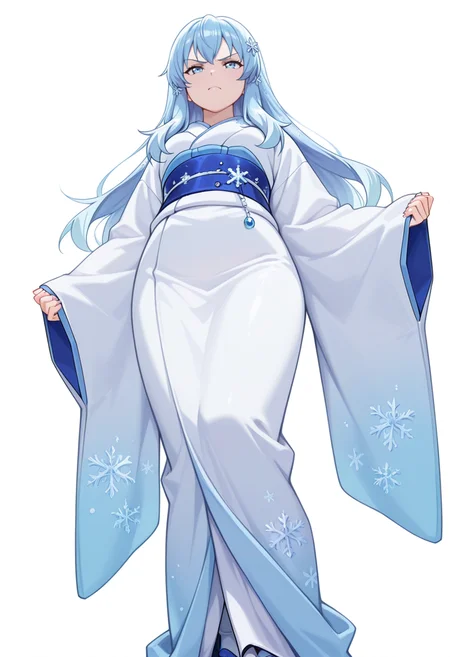 Smooth Quality,masterpiece,very intricate, high quality details, ultra realistic, high detailed skin,detailed enviorement,absurdres,
kamina pose,
 <lora:Yusa_CNR:0.8> yusa_cnr,1girl, blue hair, long hair, bangs, blue eyes,snowflake hair ornament,gradient hair, yusa_cnr_def, japanese clothes, white kimono, yukata, obi, sash, sleeves past wrists, tabi,, scowl,, simple background, white background, from below,solo,, robe,  ,hoodie, ,suspender skirt,  ,