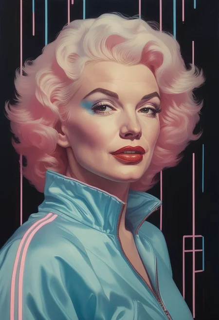 closeup portrait of Marylin Monroe wearing a 1980s style tracksuit in front of a black background with 1980s style pale blue and pale pink neon lines in the background, highly detailed, evocative, high contrast