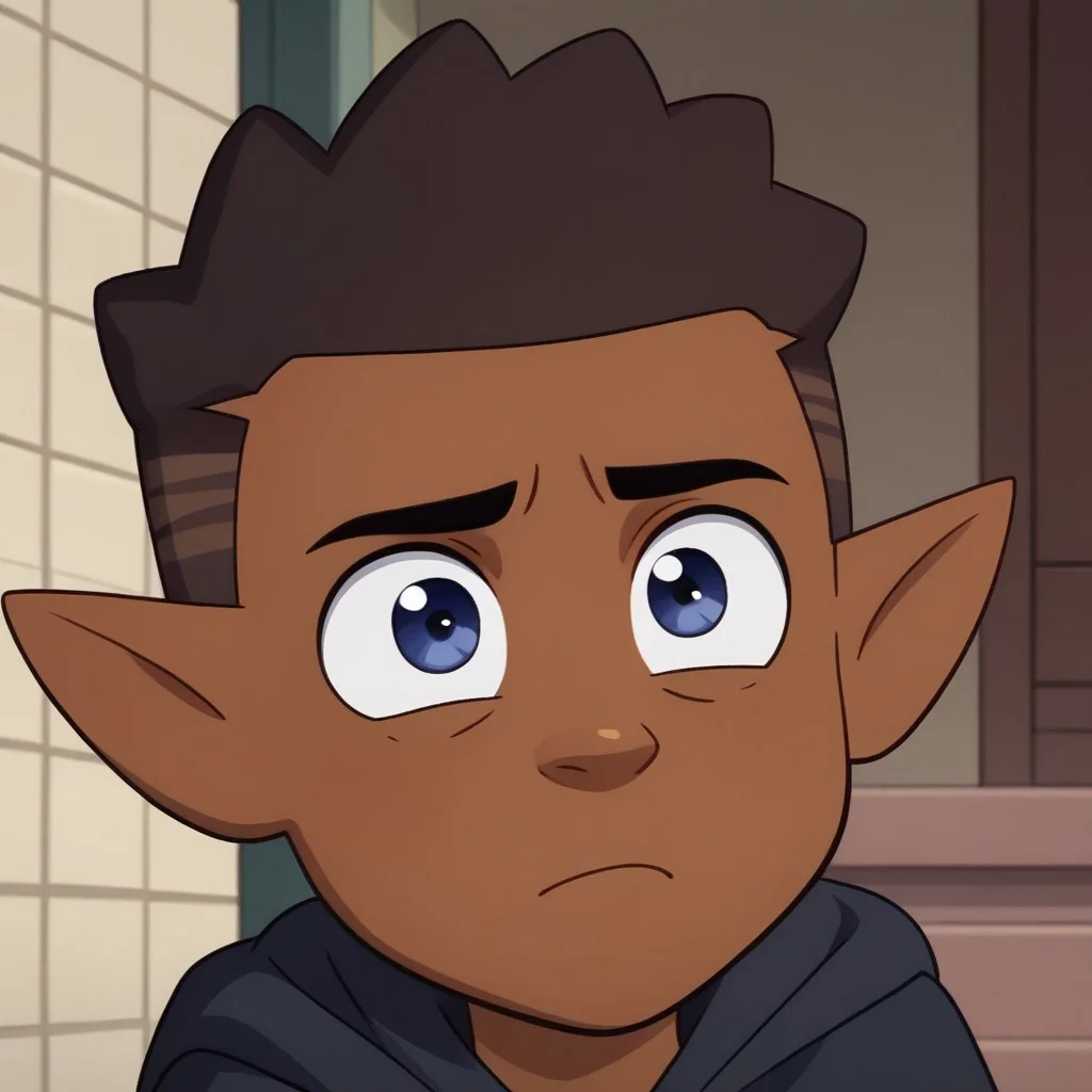 brown skin and dark brown hair with lighter shades, pointy ears, dark blue eyes,