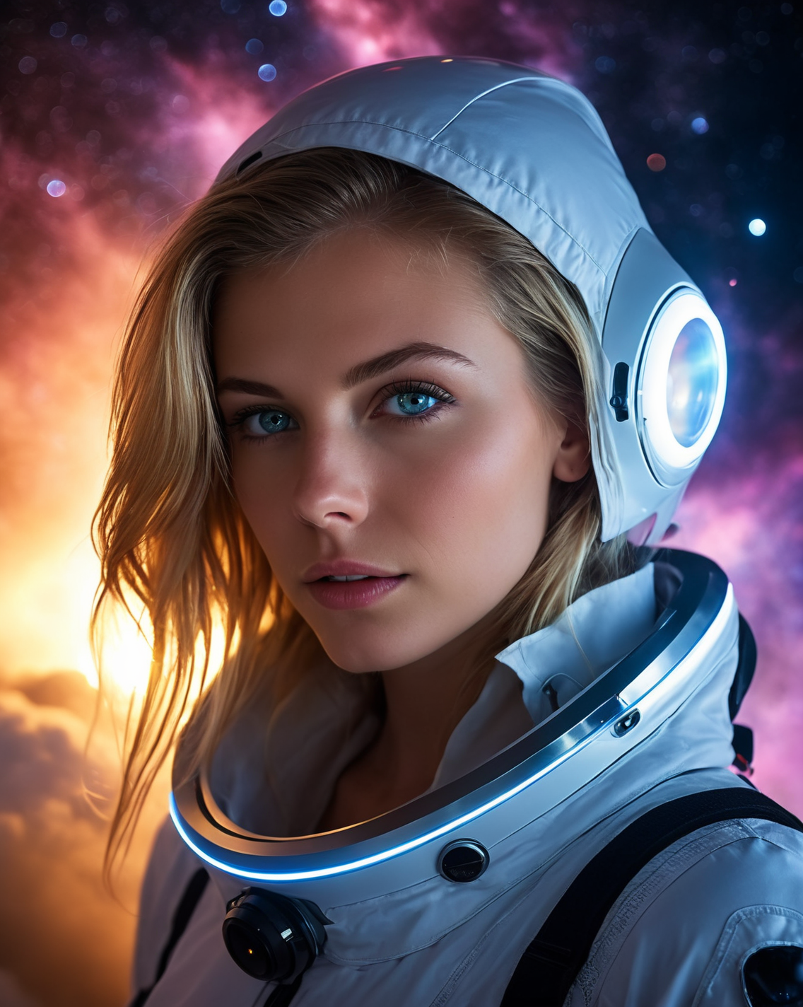 <lora:Ashlynn_Spektre_XL:1> ashlynn_spektre_xl, Erotic sexy cosmic entity. Celestial heavenly body. Highly Detailed Futuristic apparel. Surrounded by cloud of glowing gas. Serious. Dark starry sky in the background with galaxies, pastel colors. Perfect eyes, highly detailed beautiful expressive eyes, detailed eyes, 35mm photograph, film, bokeh, professional, highly detailed dynamic lighting, photorealistic, 8k, raw, rich, intricate details, key visual, bright vivid colors, backlight, lens flare.