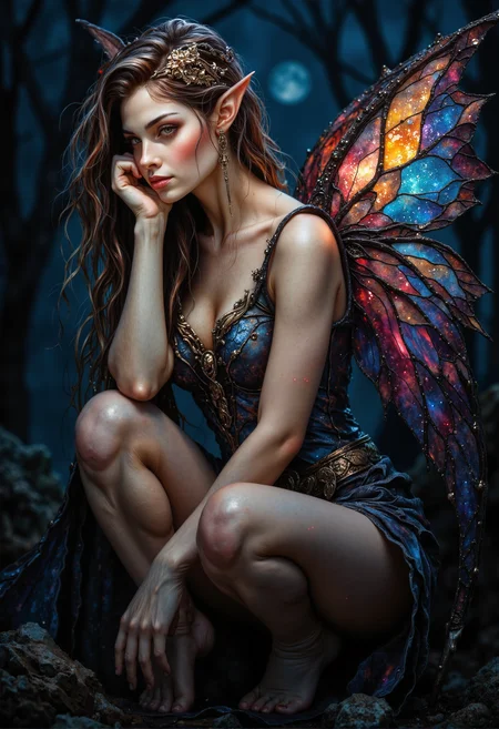 ArsMJStyle, Stained Glass,dark fantasy, eerie,. A Full body shot of a breathtaking young elf with delicate, stained glass butterfly wings, glowing softly as they catch the light. She kneels in a delicate pose, one hand resting on her lap while the other touches the soft grass . Her skin is smooth, flawless, and radiant, with a soft, silky texture and no visible imperfections. The stained glass wings shimmer with intricate patterns, capturing the light like a prism. Her expression is serene, with an intense focus on something distant, while her hair rests softly on her shoulders, shining under the moonlight. Highly detailed, photorealistic, sharp focus, volumetric lighting, realistic shadows, ultra-high definition, and cinematic atmosphere. , <lora:StainedGlassFlux.safetensors:1.0:1.0> <lora:fantasy-flux-v1.safetensors:1.0:1.0> <lora:Flux Darkfantasy_epoch_1.safetensors:0.75:0.75>