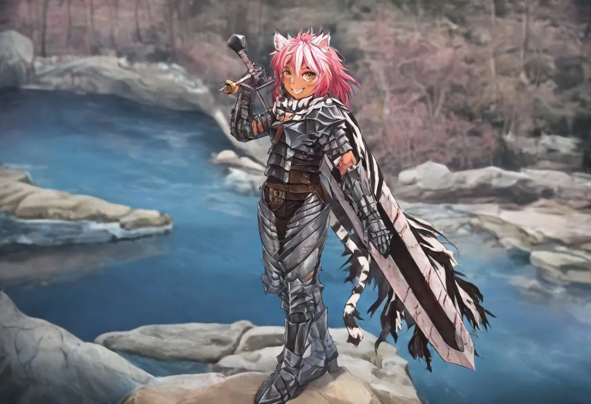 masterpiece, very aesthetic, anime screenshot, 1girl, Pink_PonyXL, DragonSlayerSword-Il.V1.0, white tiger striped armor, white tiger striped shoulder armor, gauntlets, greaves, bandaged arm, white tiger striped cape, torn cape, bright pink hair, cat ears, scar on nose, cat bell around neck, tanned, white tiger tail, small breasts, femine body, smiling, making a cute cat face, single fanged tooth showing, standing, looking at viewer, side view, wielding-dragonslayer, huge weapon, sword, holding sword, holding weapon, full body, zoomed in on pink_ponyxl, Dutch angle, cowboy shot
Break
Hyilian lake, bright and sunny,