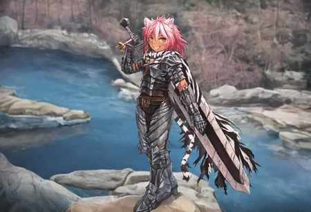 masterpiece, very aesthetic, anime screenshot, 1girl, Pink_PonyXL, DragonSlayerSword-Il.V1.0, white tiger striped armor, white tiger striped shoulder armor, gauntlets, greaves, bandaged arm, white tiger striped cape, torn cape, bright pink hair, cat ears, scar on nose, cat bell around neck, tanned, white tiger tail, small breasts, femine body, smiling, making a cute cat face, single fanged tooth showing, standing, looking at viewer, side view, wielding-dragonslayer, huge weapon, sword, holding sword, holding weapon, full body, zoomed in on pink_ponyxl, Dutch angle, cowboy shot
Break
Hyilian lake, bright and sunny,