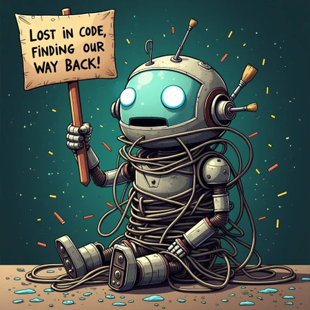 Robot tangled in binary code and paintbrushes, "Lost in Code, Finding Our Way Back!" sign, humorous scene, confused expression, digital background, coding elements, tangled wires, messy and chaotic