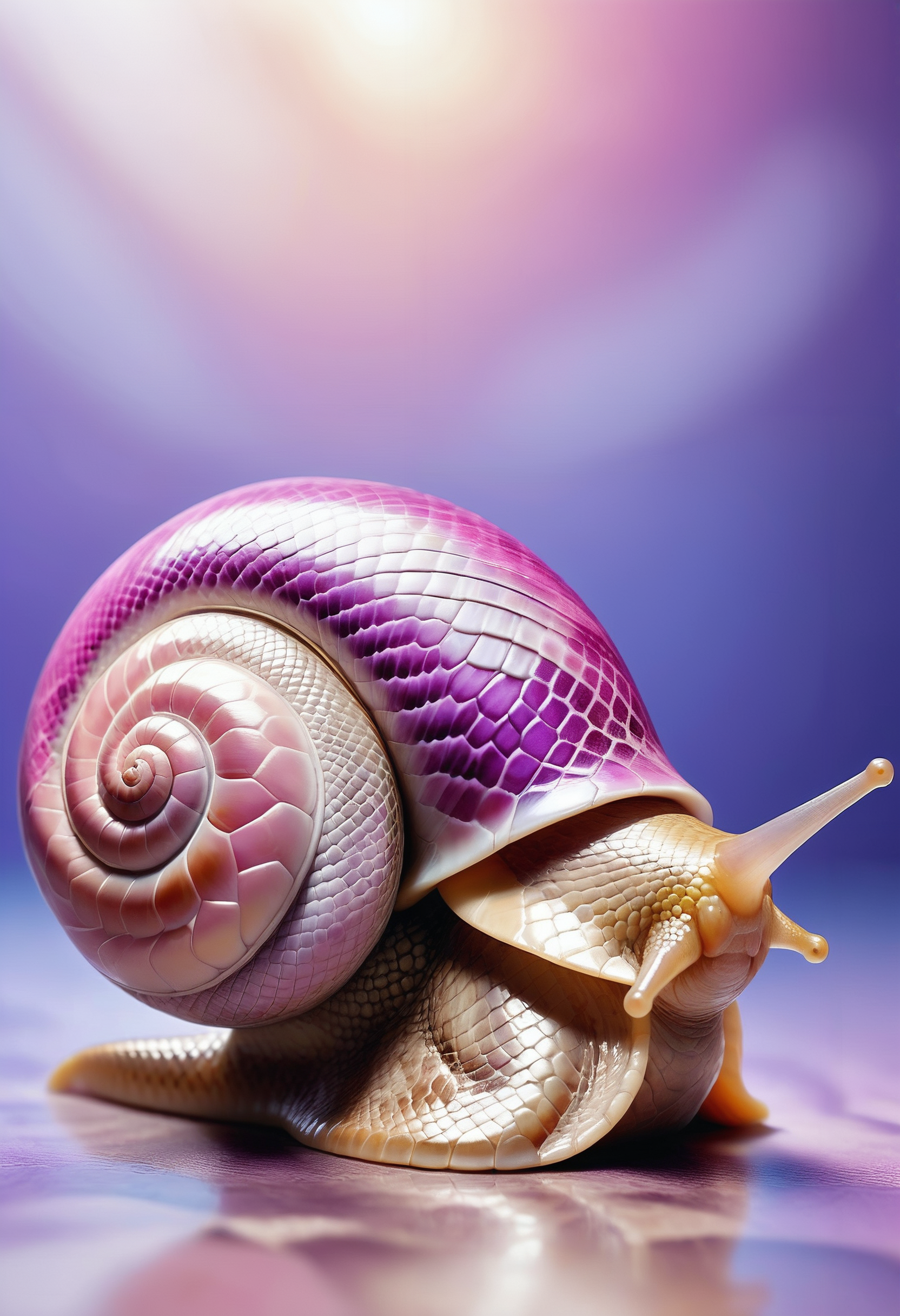 Jed-snkskn, Cutecore, Pink, Purple and Lavender Snail, the Snail is Unique, Evil, Agfacolor, <lora:SnakeSkinStyle:0.7>, theatrical, extremely rich detail, perfect background, epic atmosphere, badge, epic, luxurious, polished