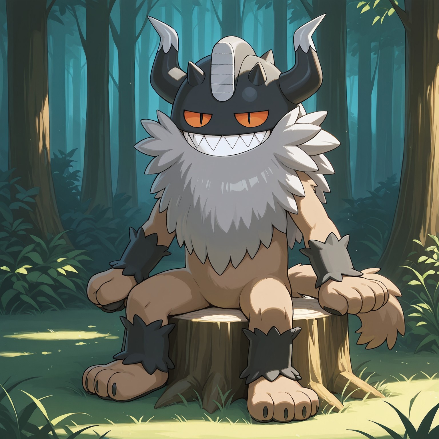 Solo, 2d, Perrserker, Pokemon (creature), felid, orange sclera, black pupils, slit pupils, brown fur, black fur, multicolored body, black head, two tone horns, black and gray horns, dipstick horns, fluffy long beard, gray beard, 3 toes, 3 fingers, black wrist tuft, black leg tuft, black pawpads, curled fluffy tail, 

BREAK outside, forest, sitting on stump, looking at viewer, sunshine, sharp teeth, grin

BREAK best quality, amazing quality, very aesthetic, absurdres, newest, masterpiece, high quality, abstract background 