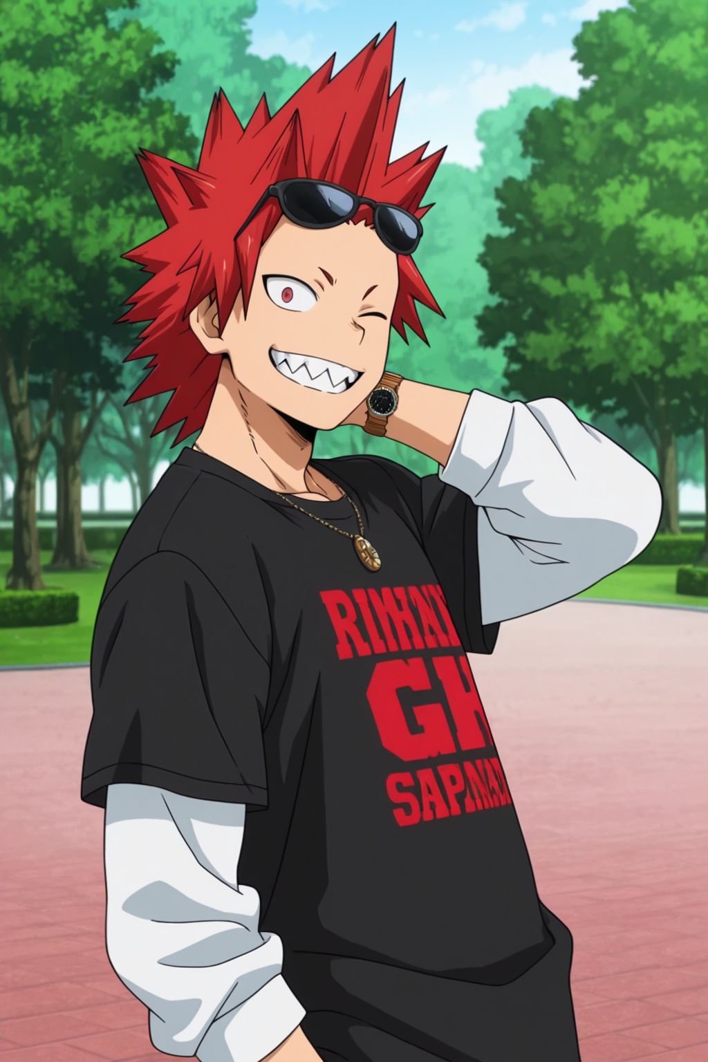 <lora:KiriIllustrious:0.8>, 1boy, solo, Kirishima Eijirou, Red hair, Spiked hair, Red eyes, t shirt, long sleeves, black shirt, white sleeves, standing, outdoors, park, necklace, watch, sunglasses on head,  upper body, looking at viewer, smile, sharp teeth, one eye closed, cinematic, side view, hand behind head,  official art, official style, anime screencap, masterpiece,best quality,amazing quality,