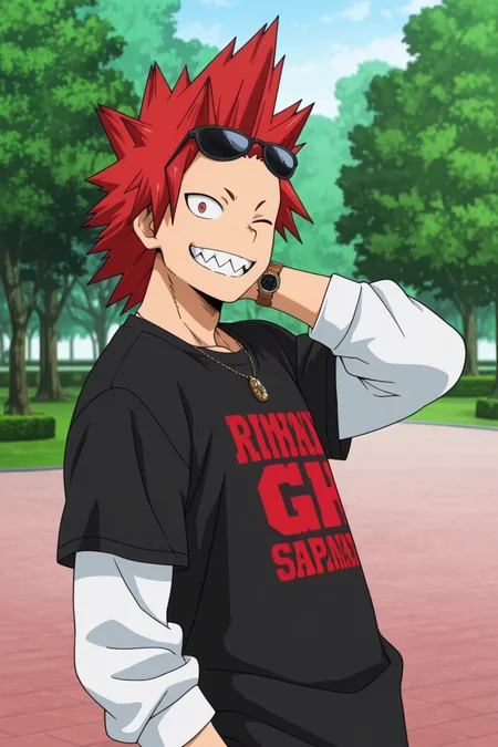 <lora:KiriIllustrious:0.8>, 1boy, solo, Kirishima Eijirou, Red hair, Spiked hair, Red eyes, t shirt, long sleeves, black shirt, white sleeves, standing, outdoors, park, necklace, watch, sunglasses on head, upper body, looking at viewer, smile, sharp teeth, one eye closed, cinematic, side view, hand behind head, official art, official style, anime screencap, masterpiece,best quality,amazing quality,