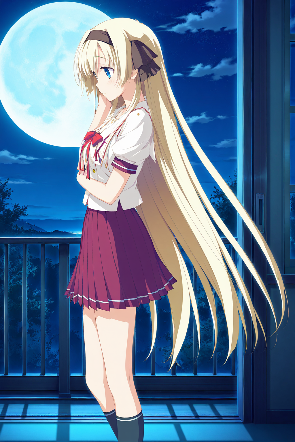 masterpiece,best quality,good quality,rating safe,memoriakosame, hisakaki_kosame, 1girl, solo, long hair, very long hair, blonde hair, blue eyes, hairband, very long hair, school uniform, skirt, socks,game cg,,moonlight,ourdoor,standing,looking at the moon,from side,upper body