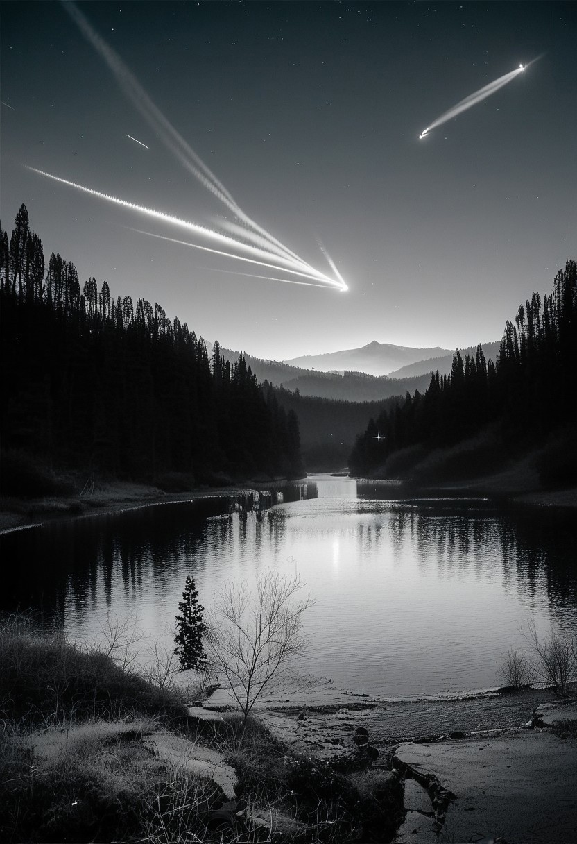 (real life,  score_7_up, score_8_up, score_9_up, detailed beautiful landscape, bloom, volumetric lighting,  grayscale, no colors, forest, winter, valley, big mountain, clear sky, comet, focus on sky, night, silhouette, river, depth of field,