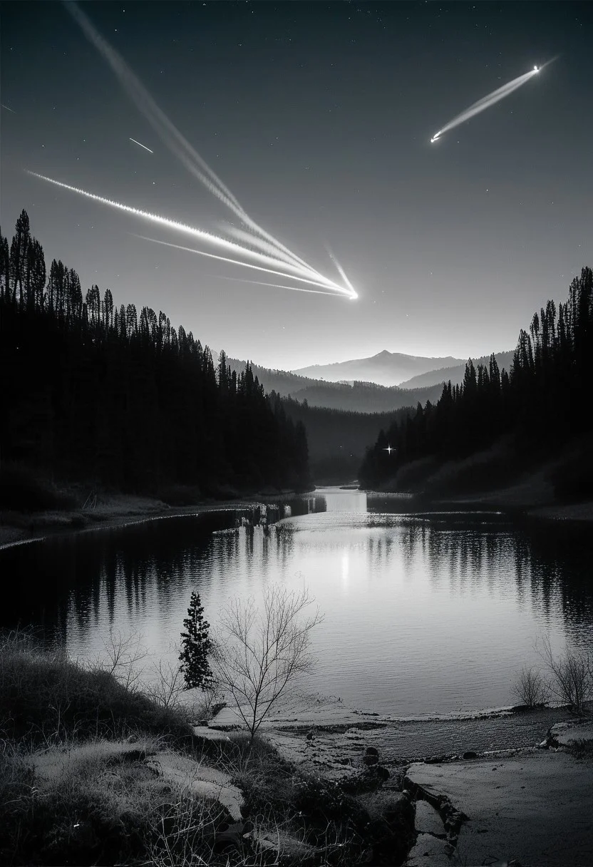 (real life,  score_7_up, score_8_up, score_9_up, detailed beautiful landscape, bloom, volumetric lighting,  grayscale, no colors, forest, winter, valley, big mountain, clear sky, comet, focus on sky, night, silhouette, river, depth of field,