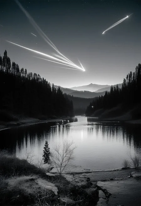(real life,  score_7_up, score_8_up, score_9_up, detailed beautiful landscape, bloom, volumetric lighting,  grayscale, no colors, forest, winter, valley, big mountain, clear sky, comet, focus on sky, night, silhouette, river, depth of field,