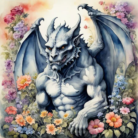 high detail, high quality, masterpiece, epic composition, watercolor on old paper, gargoyle creature amongst flowers