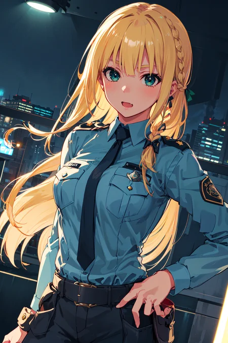 ((masterpiece, best quality, delicate face, detailed eyes)), dutch angle, volumetric lighting, 1girl, ichinose rei, long hair, blonde hair, braid, (green eyes), floating hair, fang, policewoman, (police uniform), looking at viewer, night, <lora:ichinoseReiIdoly_v10:0.6>