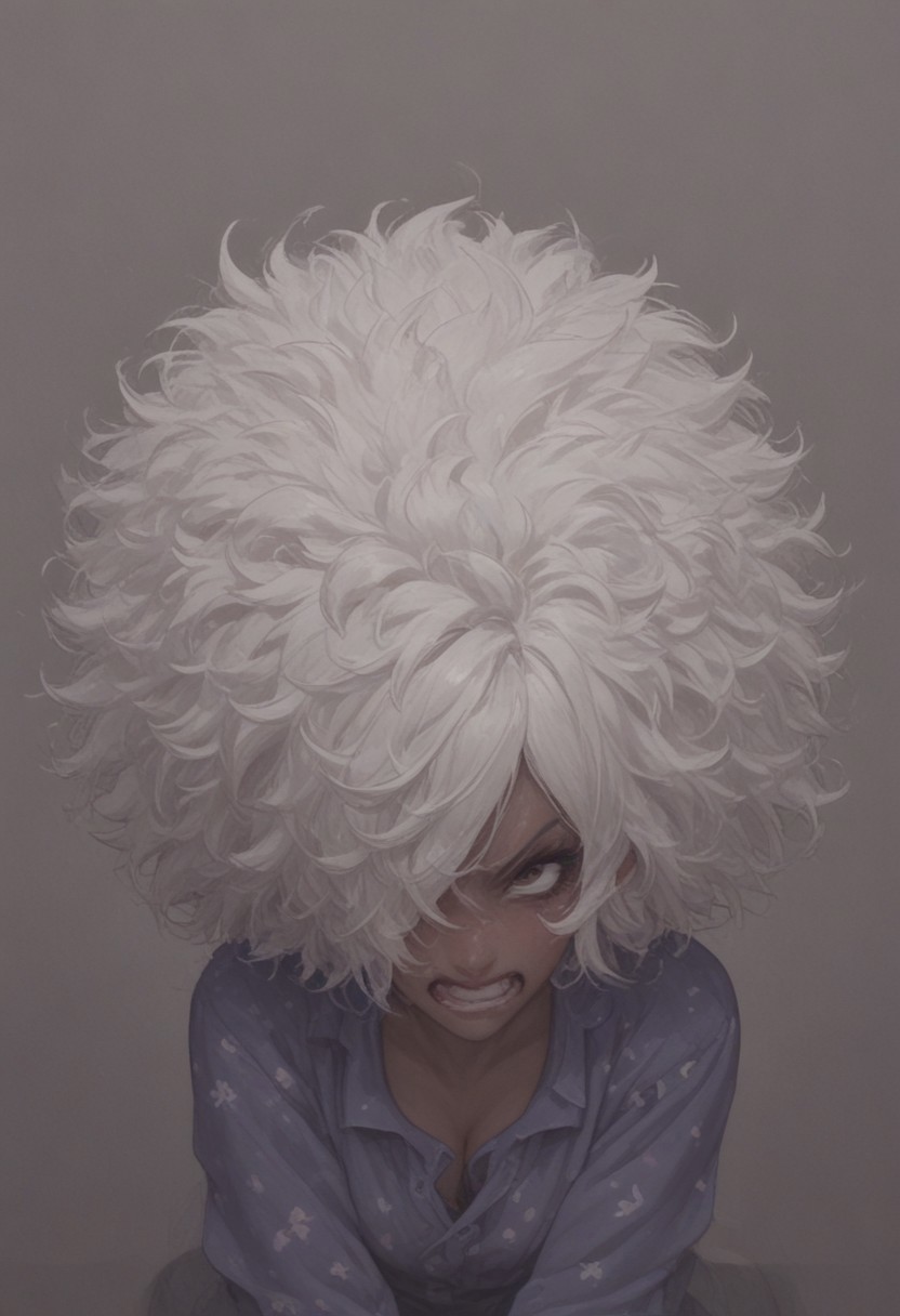 score_9, score_8_up, score_8,
shinobu jacobs, white hair, (big hair, messy hair, afro:1.2), hair over one eye, thick eyelashes, dark skin, 
angry,
spanked,
pajamas,