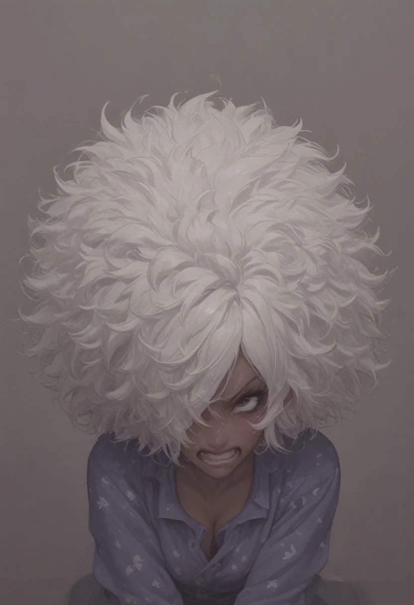 score_9, score_8_up, score_8,
shinobu jacobs, white hair, (big hair, messy hair, afro:1.2), hair over one eye, thick eyelashes, dark skin,
angry,
spanked,
pajamas,