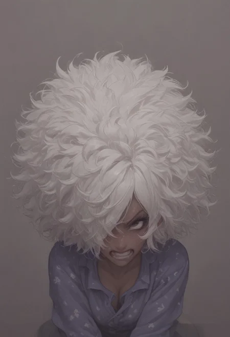 score_9, score_8_up, score_8,
shinobu jacobs, white hair, (big hair, messy hair, afro:1.2), hair over one eye, thick eyelashes, dark skin, 
angry,
spanked,
pajamas,