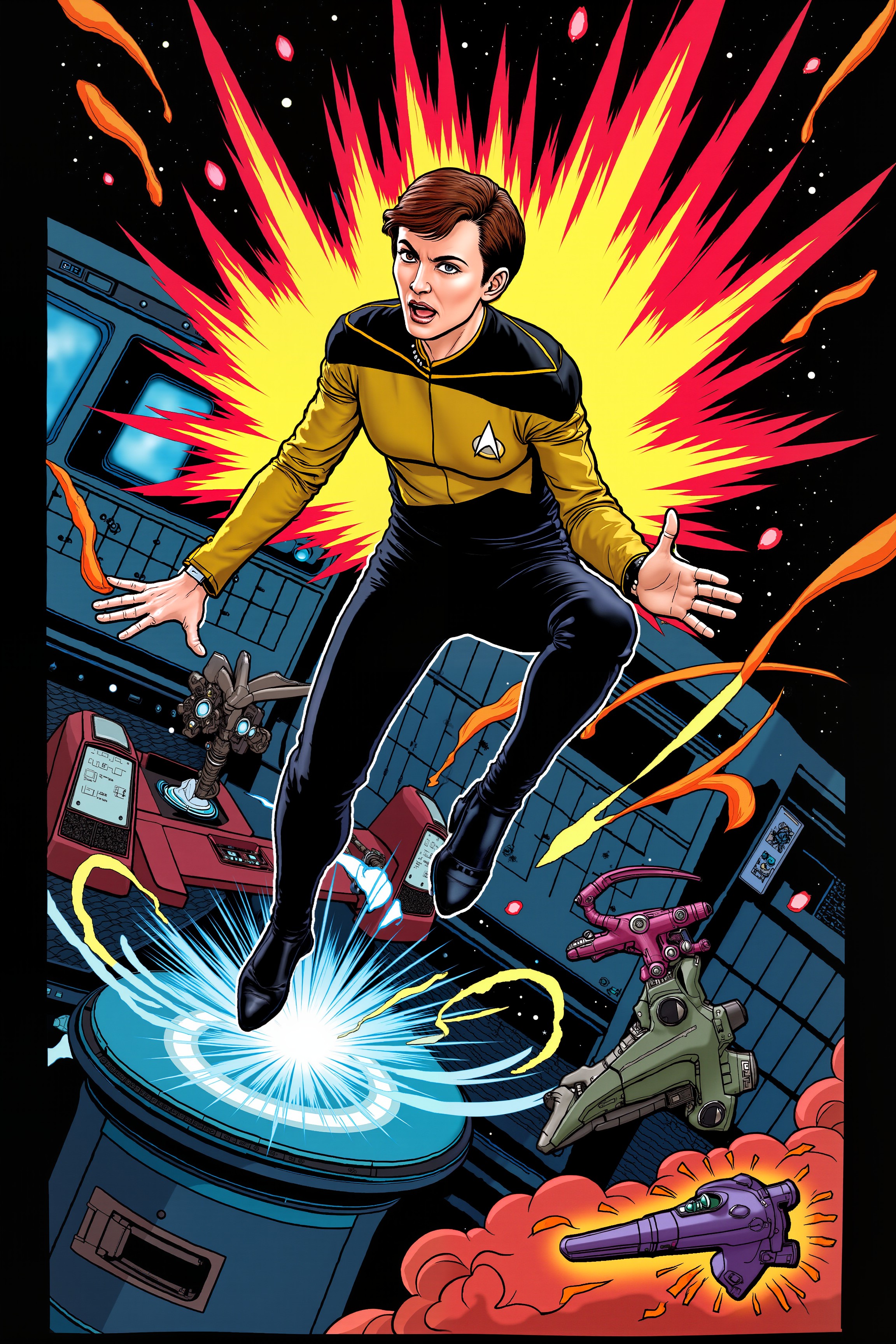 A vibrant cartoon action scene featuring a daring individual in a bright yellow TNG uniform. The character, with an energetic and determined expression, is leaping through the air, kicking off a floating platform. Their uniform is impeccably detailed, with the distinctive yellow and black design, and they wear a futuristic communicator on their wrist. Behind them, a burst of dazzling, neon-colored energy trails, suggesting intense motion and action. In the background, a high-tech starship interior is bustling with holographic control panels and glowing screens. Various sci-fi gadgets and machinery are visibly in motion, adding to the dynamic atmosphere. The scene is framed by a vibrant array of explosive action effectsâcomic-style speed lines and dynamic, angular shapesâconveying a sense of high-stakes adventure and excitement.detailmaximizer<lora:detailed_flux_ntc:2.2><lora:aidmaImageUpgrader-FLUX-V0.1:0.65><lora:TNGS1_FLUX:1.2>