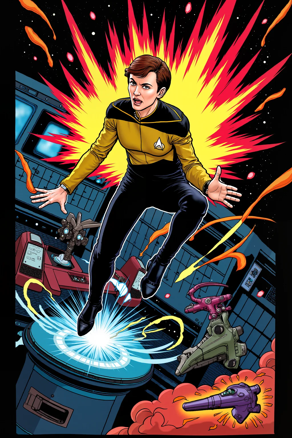 A vibrant cartoon action scene featuring a daring individual in a bright yellow TNG uniform. The character, with an energetic and determined expression, is leaping through the air, kicking off a floating platform. Their uniform is impeccably detailed, with the distinctive yellow and black design, and they wear a futuristic communicator on their wrist. Behind them, a burst of dazzling, neon-colored energy trails, suggesting intense motion and action. In the background, a high-tech starship interior is bustling with holographic control panels and glowing screens. Various sci-fi gadgets and machinery are visibly in motion, adding to the dynamic atmosphere. The scene is framed by a vibrant array of explosive action effects—comic-style speed lines and dynamic, angular shapes—conveying a sense of high-stakes adventure and excitement.detailmaximizer<lora:detailed_flux_ntc:2.2><lora:aidmaImageUpgrader-FLUX-V0.1:0.65><lora:TNGS1_FLUX:1.2>