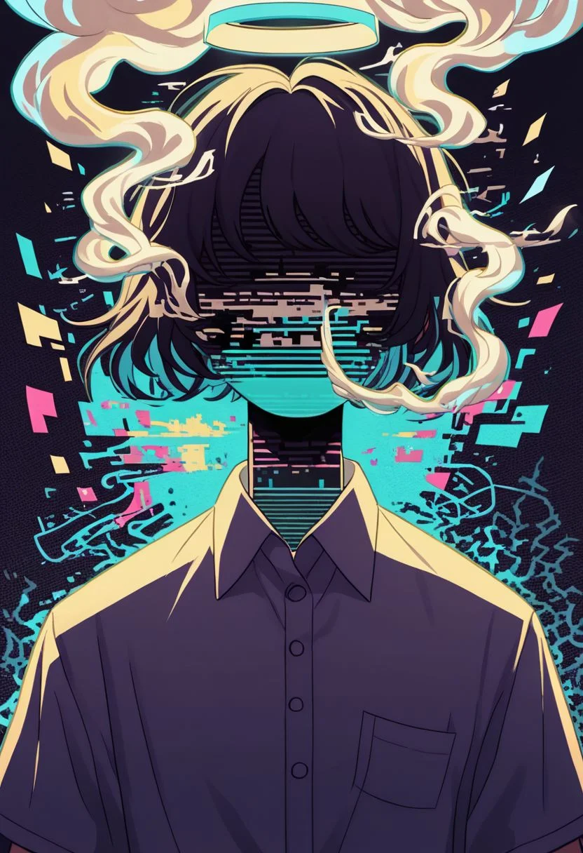 did vaporwave style, solo, 1boy, male focus, shirt, upper body, collared shirt, abstract, short hair, face halo, no face, vapor, smoke, glitch, horror (theme), glowing, zPDXL2