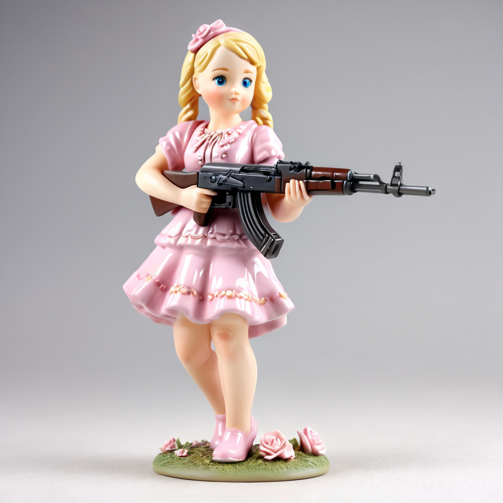 photo all ceramic porcelain statuette style gzhel, kawaii russian girl 18 age wearing pink dress firing from ak47rfs, ak47rfs, ak47rfs hands, ak47rfs shooting, in her hands,  maximalist,detailed statuette, glossy,dof, soviet style,<lora:AK47_1:1>