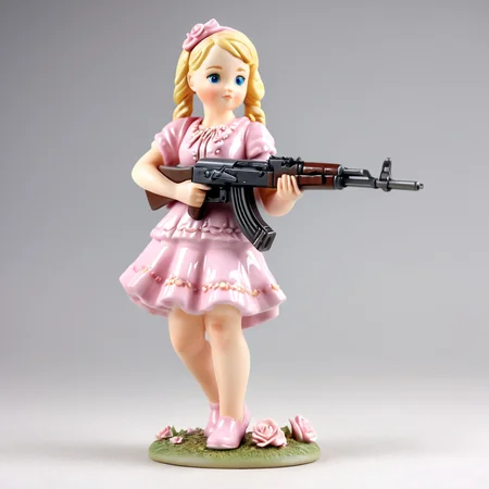 photo all ceramic porcelain statuette style gzhel, kawaii russian girl 18 age wearing pink dress firing from ak47rfs, ak47rfs, ak47rfs hands, ak47rfs shooting, in her hands, maximalist,detailed statuette, glossy,dof, soviet style,<lora:AK47_1:1>