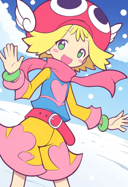 <lora:sdxl-py-amitie:0.9> 1girl, adult, amitie, bracelet +++ skyblue shirt, yellow sleeve, red belt, yellow shorts, pink heart +++ blush sticker, extremely quality extremely detailed, illustration, anime coloring, pink scarf, snow, smiles, open mouth, winter