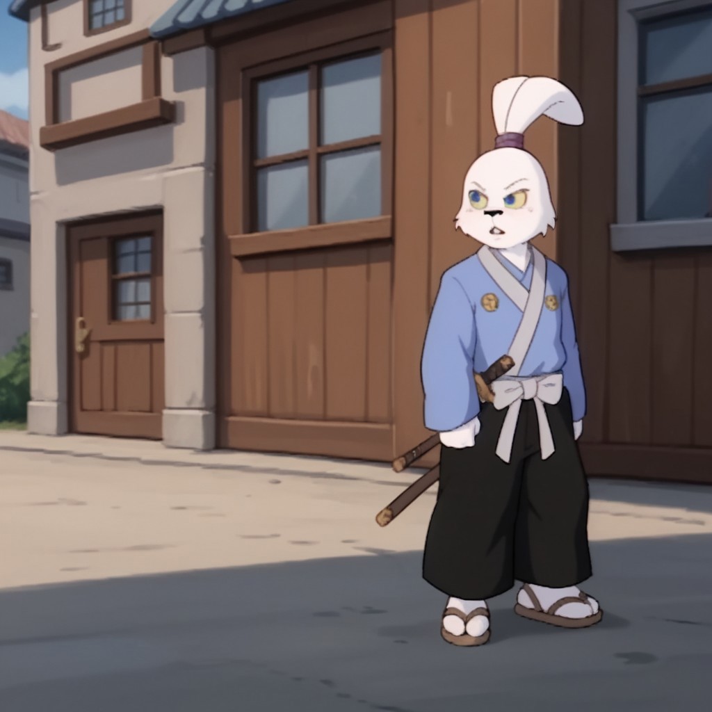 score_9, score_8_up, score_7_up, score_6_up, score_5_up, score_4_up, source_furry, Usagitmnt, anthro, male, rabbit, white fur, rabbit ears, buck teeth, blue eyes, yellow sclera, blue shirt, long sleeves, black pants, ears tied, topknot, purple hairband, socks, sandals, standing, outside, katana, sheathed,