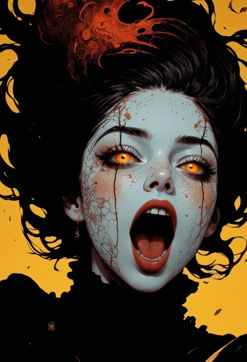 A cinematic extreme close-up of assassinmihq reimagined as a terrifying japanese witch. Her mouth is wide open in a menacing scream, revealing sharp, jagged teeth, as poison Cloud breath escapes into the eerie air. Her translucent skin glows faintly, as if made of magic, with intricate patterns glistening across her face. Her wide, glowing eyes exude both beauty and terror, contrasting with the eerie perfection of her Ethereal form. Backlighting creates a dramatic, atmospheric glow, illuminating the snowflakes swirling in the air and emphasizing the sharp edges of her charming visage. The scene is chilling, intense, and hauntingly beautiful.