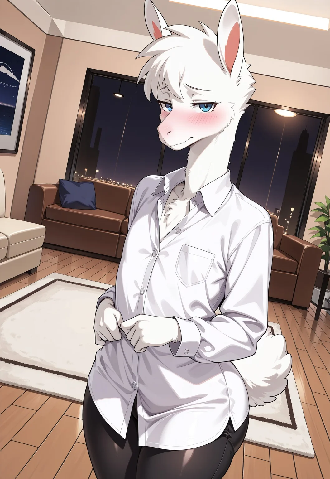 safe_pos, score_9, score_8_up, score_7_up, score_6_up, score_5_up, score_4_up, perfect art style, male, solo), (source_furry, furry, anthro), llama, long neck, (((long snout))), (athletic), (((flat chest))), (((thick thighs, massive butt))), fluffy tail, white dress shirt, black pants, indoors, living room, (((night))), standing, upper body, looking at viewer, front view, right angle, dynamic angle, shy expression, blushing, embarrassed, narrowed eyes, closed mouth,