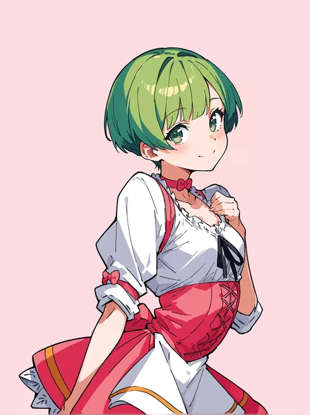 score_8_up, score_7_up, score_6_up, source_anime, 1girl, solo, simple background, pink background,
standing, pose, contrapposto, arched back, cowboy shot, facing viewer
smile,
waitress, choker
<lora:annemitter2:1>