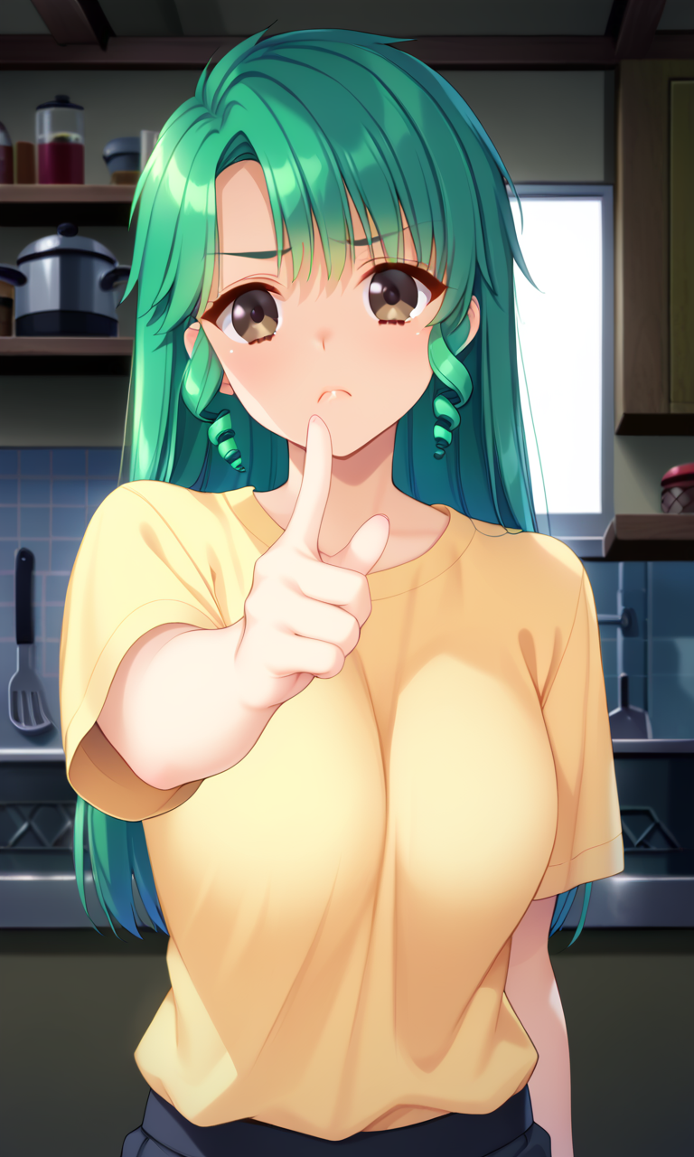 score_9, score_8_up, score_7_up, BREAK fish eye,1girl,chih,frown,pointing a finger at you,green hair, brown eyes,drill hair,twin drills, outfit1,yellow shirt, short sleeves,indoors,kitchen,<lora:Chiharu-000013:1>