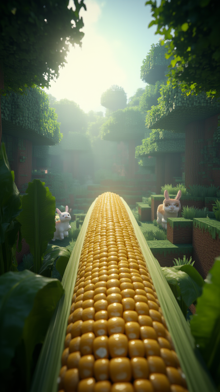 designed by Michael Sowa, a vibrant corn stalk stretches out before the viewer, its golden skin glistening in the sunlight. The leaves on the trees rustle gently in the breeze, and a family of rabbits hops by, Foggy conditions, Minecraft, Beautifully Lit, midjourneyv6.1, detailmaximizer