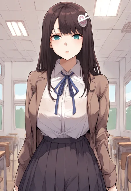 score_9, score_8_up, score_7_up, score_6_up, source_anime, rating_explicit, 1girl, solo, huge breasts, <lora:Park Jung-Ah prefectPonyxl:0.85>long hair, brown hair, hair ornament, blue eyes, black hair, sidelocks, aqua eyes, green eyes, school uniform, blue ribbon, neck ribbon, brown jacket, white shirt, collared shirt, long sleeves, black skirt, pleated skirt, expressionless, classroom, indoors, looking at viewer