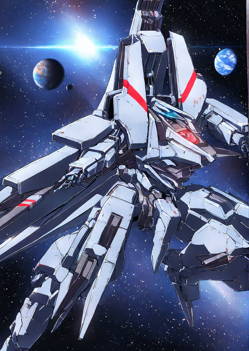 mecha,science fiction,no humans,glowing,retro artstyle,space,star \(sky\),planet,earth \(planet\),space craft,starry sky,weapon,milky way,masterpiece, best quality, very aesthetic, absurdres,,  <lora:sidonia morito-NAI:0.8>
