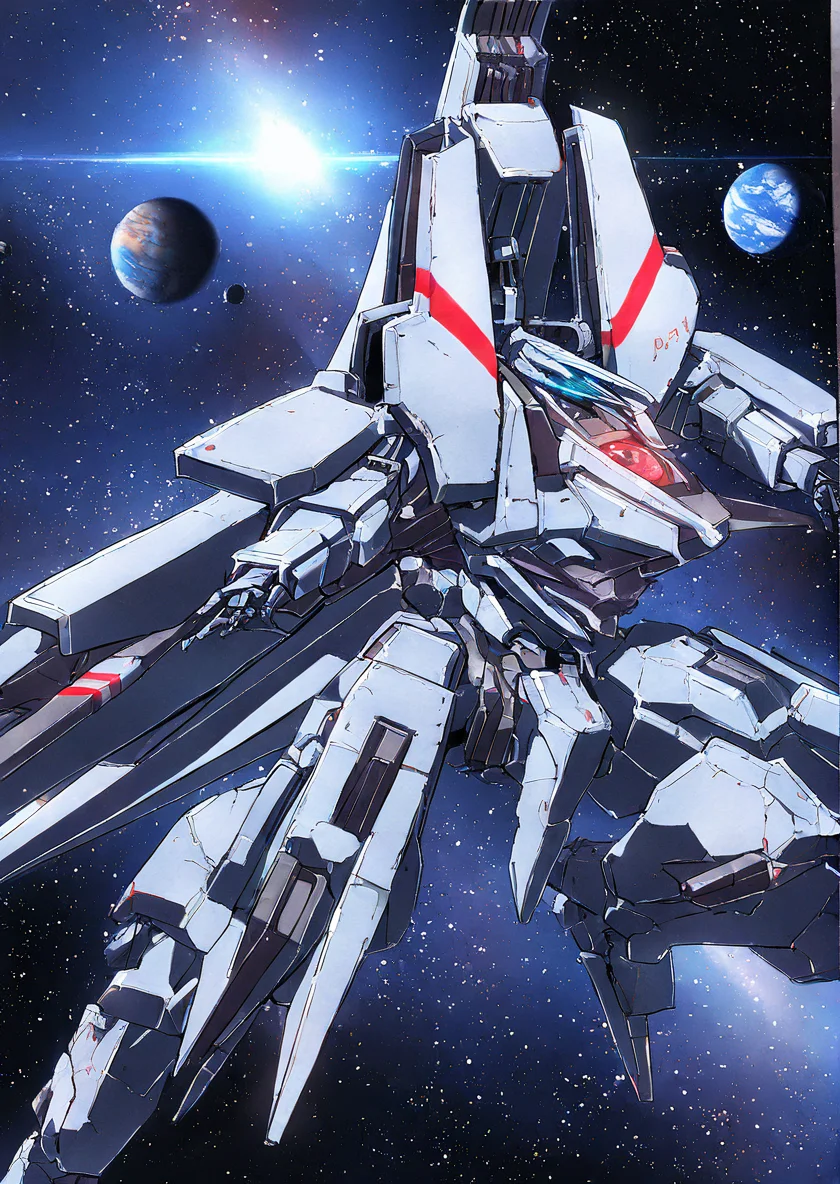 mecha,science fiction,no humans,glowing,retro artstyle,space,star \(sky\),planet,earth \(planet\),space craft,starry sky,weapon,milky way,masterpiece, best quality, very aesthetic, absurdres,, <lora:sidonia morito-NAI:0.8>
