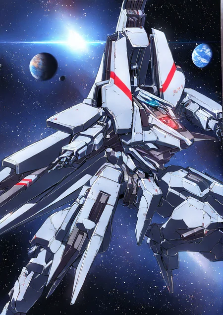 mecha,science fiction,no humans,glowing,retro artstyle,space,star \(sky\),planet,earth \(planet\),space craft,starry sky,weapon,milky way,masterpiece, best quality, very aesthetic, absurdres,,  <lora:sidonia morito-NAI:0.8>